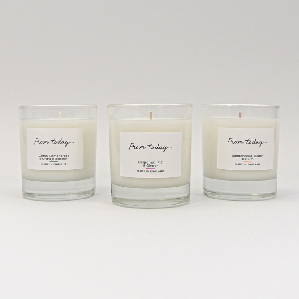 three 200g candle gifts gift sets, fragranced with Citrus, Lemongrass & Orange Blossom, Bergamot, Fig & Ginger and Sandalwood, Cedar & Plum