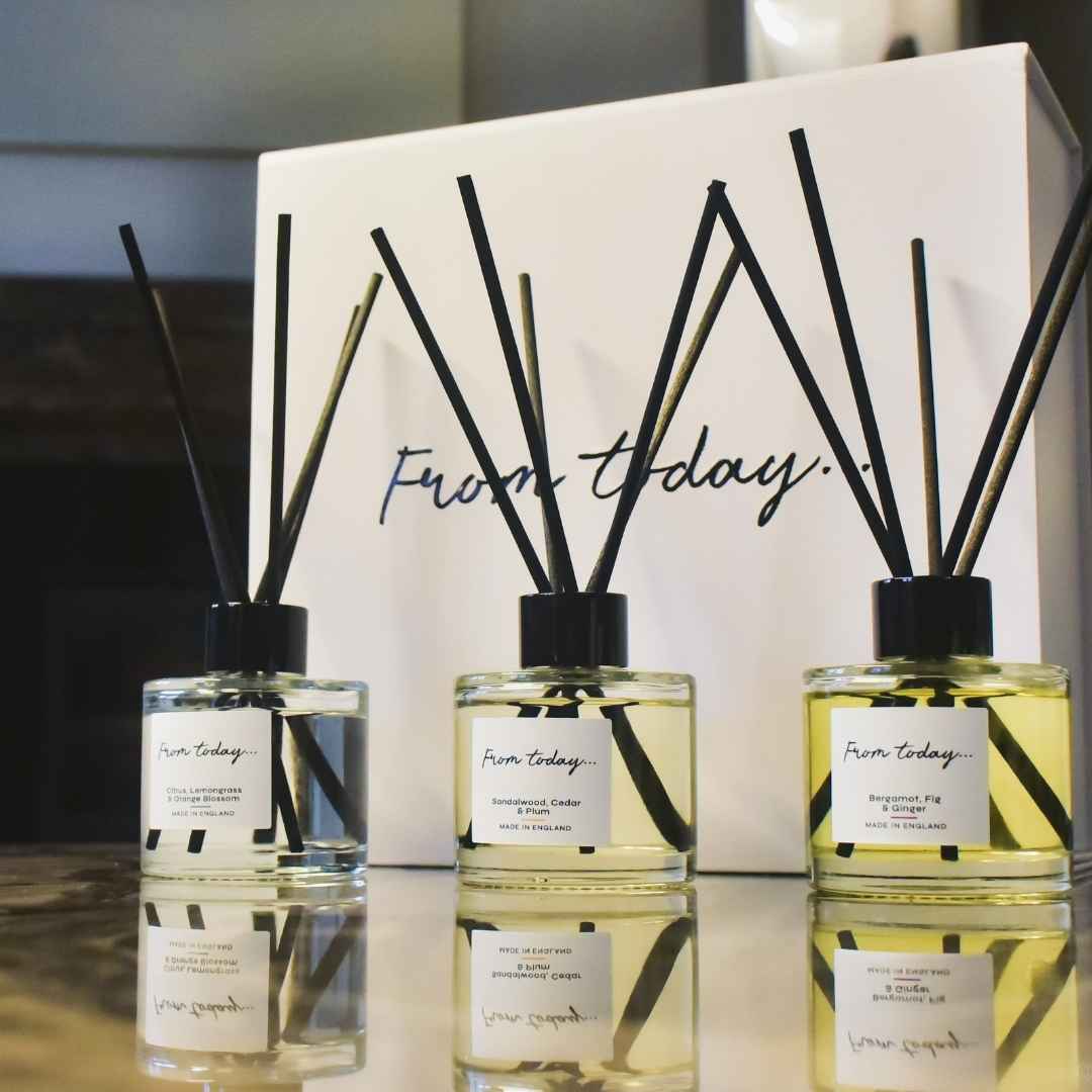 three luxury reed diffuser gifts displayed with from today gift box