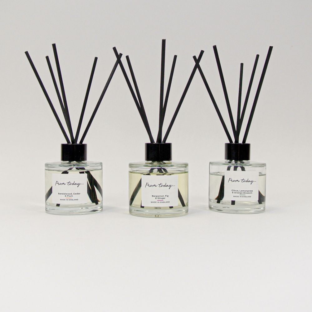 3 luxury reed diffuser gifts, in Bergamot, Fig & Ginger, Sandalwood, Cedar & Plum and Citrus, Lemongrass & Orange Blossom