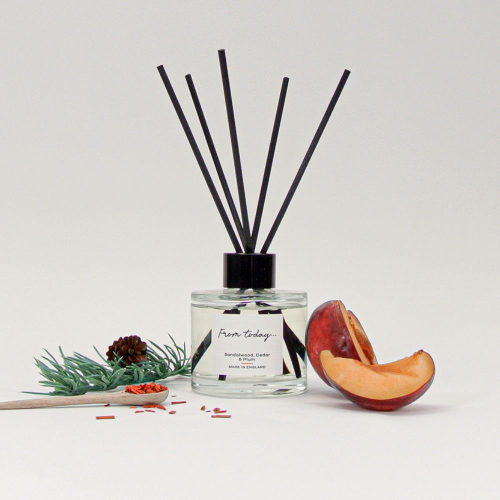 Sandalwood, Cedar & Plum Reed Diffuser gift with paired with ingredients