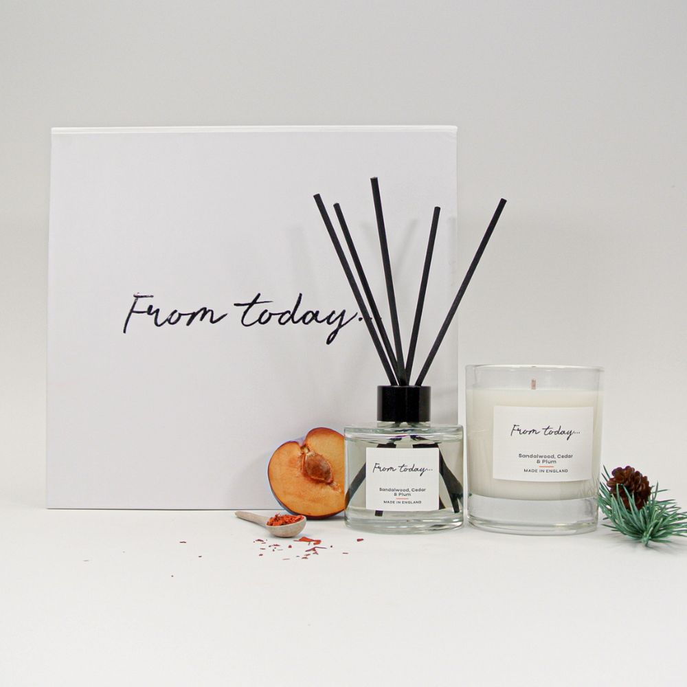 Home fragrance gift set, reed diffuser and 200g 1 wick candle fragranced with Sandalwood, Cedar & Plum