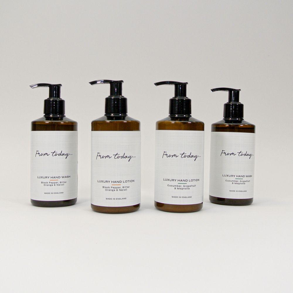 two hand washes and two hand lotions fragranced in Black Pepper, Bitter Orange & Neroli and Cucumber, Grapefruit & Magnolia